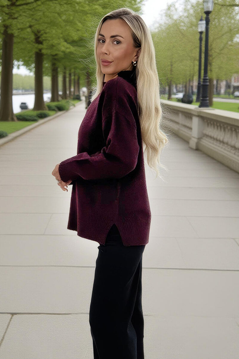 Burgundy Mock Neck Split Hem Jumper