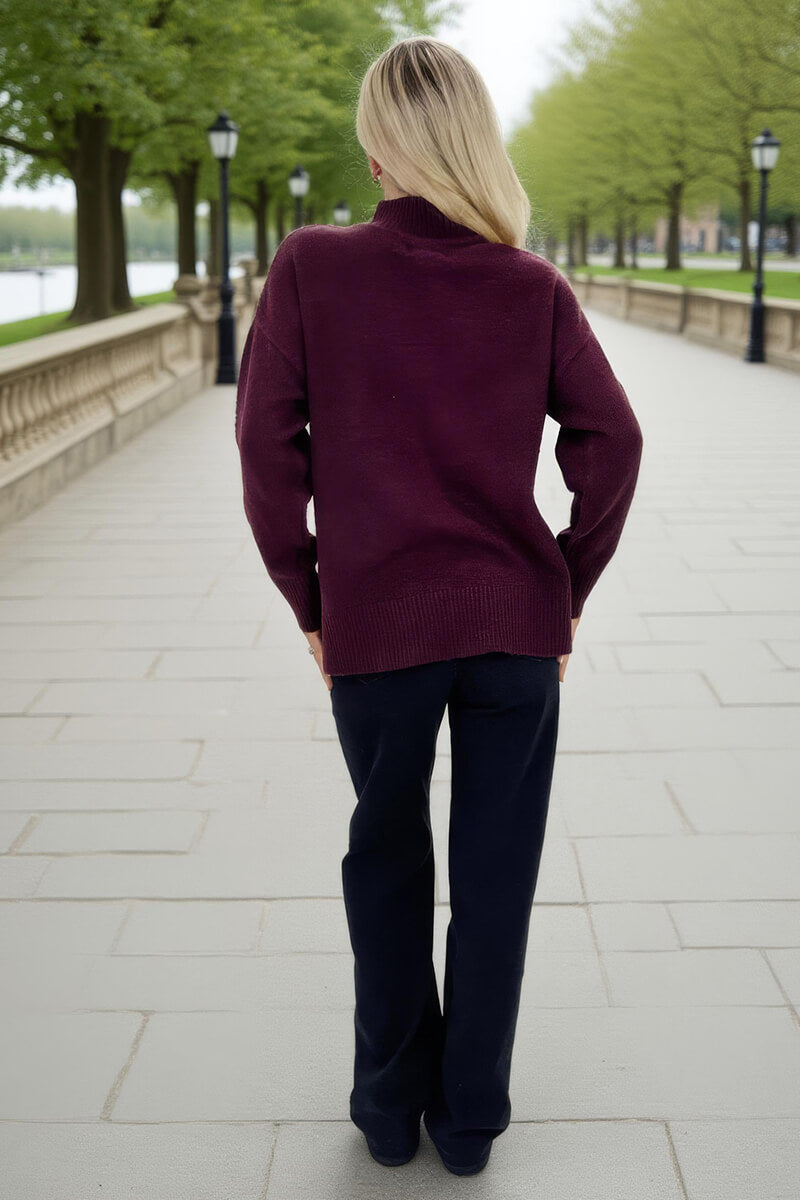 Burgundy Mock Neck Split Hem Jumper