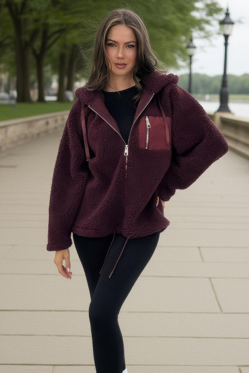 Burgundy Pocket Detail Hooded Teddy Jacket