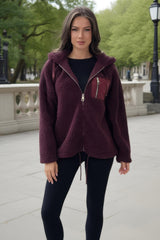 Burgundy Pocket Detail Hooded Teddy Jacket