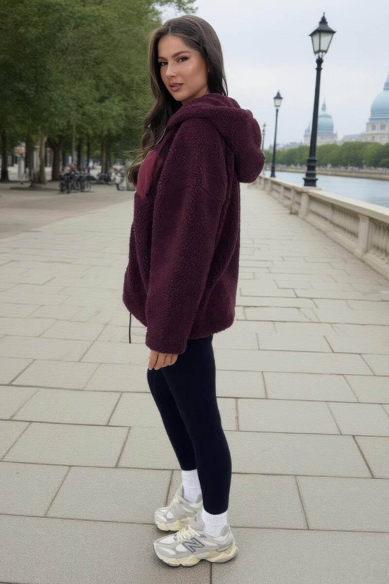Burgundy Pocket Detail Hooded Teddy Jacket