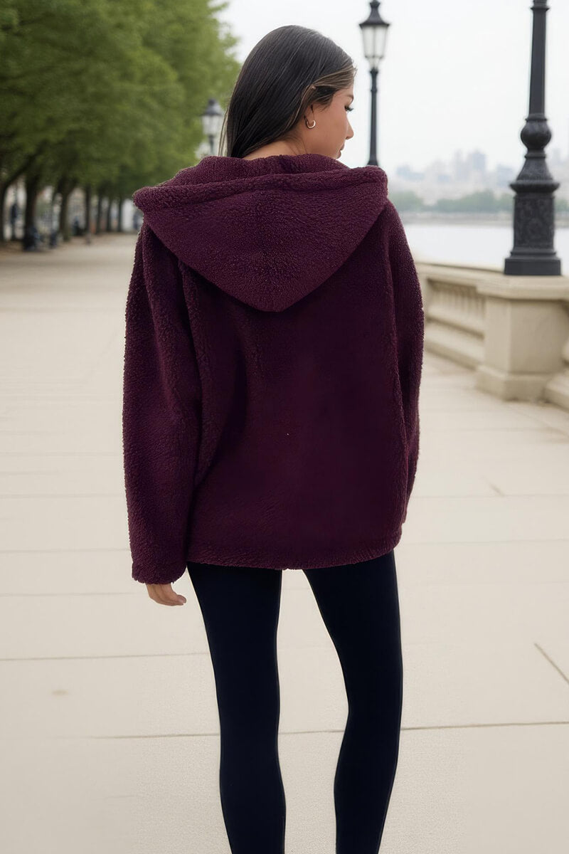 Burgundy Pocket Detail Hooded Teddy Jacket