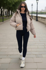 Stone Drawstring Hood Short Puffer Coat