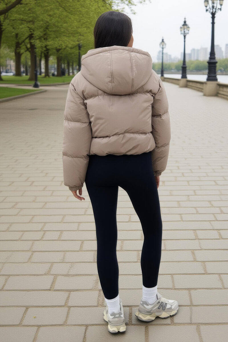 Stone Drawstring Hood Short Puffer Coat