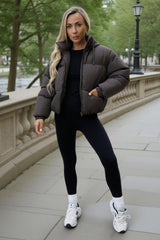 Chocolate Drawstring Hood Short Puffer Coat