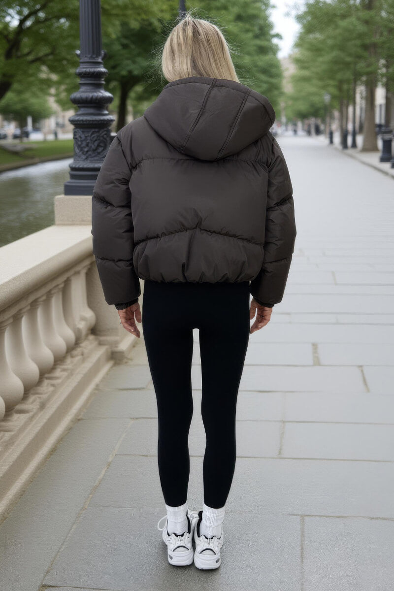 Chocolate Drawstring Hood Short Puffer Coat
