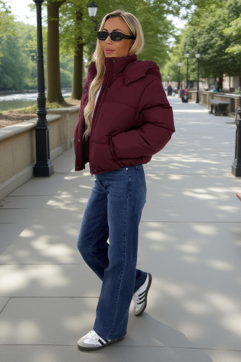 Burgundy Hooded Short Puffer Coat