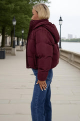 Burgundy Hooded Short Puffer Coat