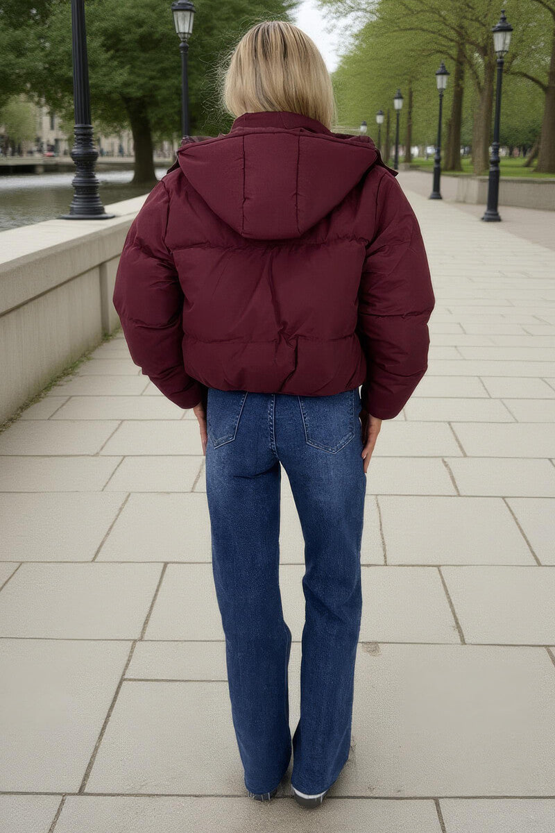 Burgundy Hooded Short Puffer Coat