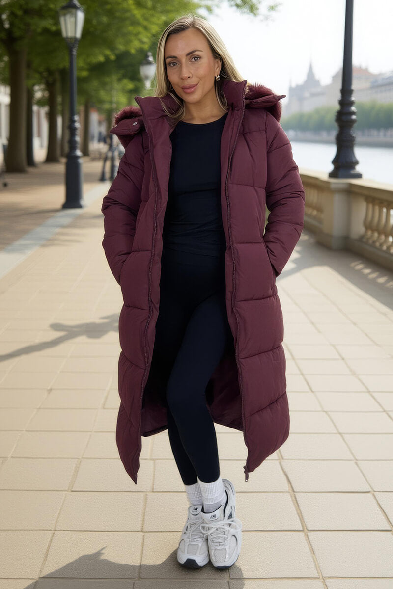 Burgundy Faux Fur Hooded Longline Padded Coat