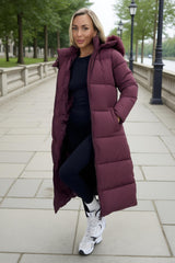 Burgundy Faux Fur Hooded Longline Padded Coat