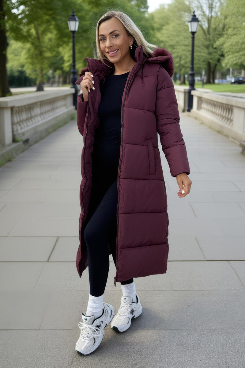 Burgundy Faux Fur Hooded Longline Padded Coat