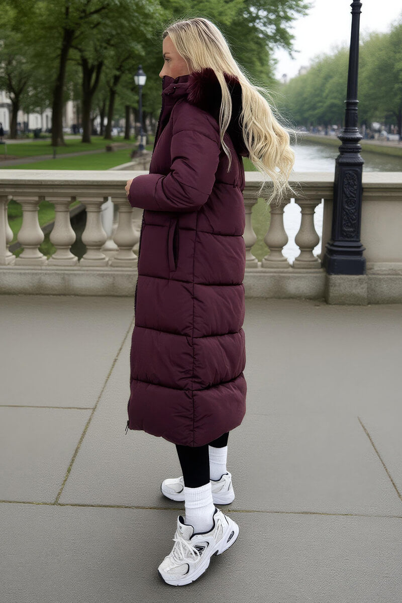 Burgundy Faux Fur Hooded Longline Padded Coat
