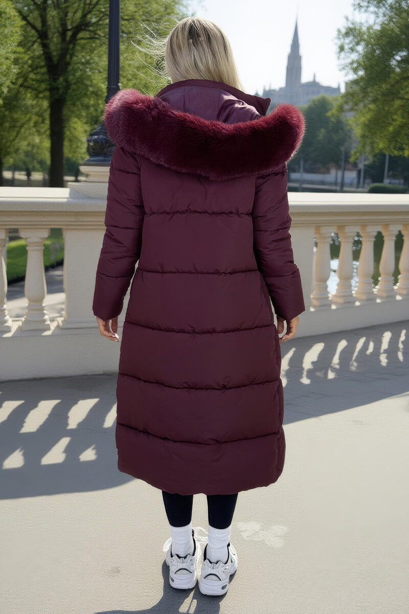 Burgundy Faux Fur Hooded Longline Padded Coat