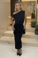 Black Velvet Sequin Midi Skirt