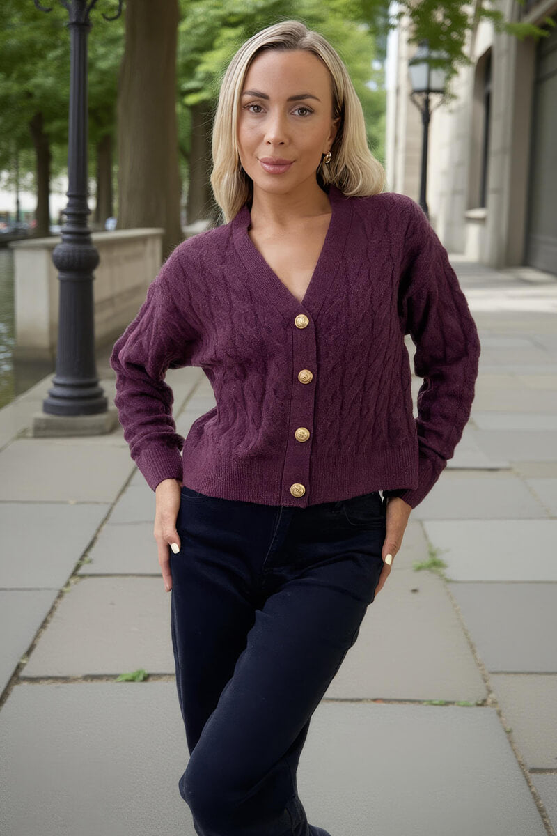 Burgundy Cable Knit Gold Button Cardigan