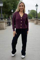 Burgundy Cable Knit Gold Button Cardigan