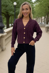 Burgundy Cable Knit Gold Button Cardigan
