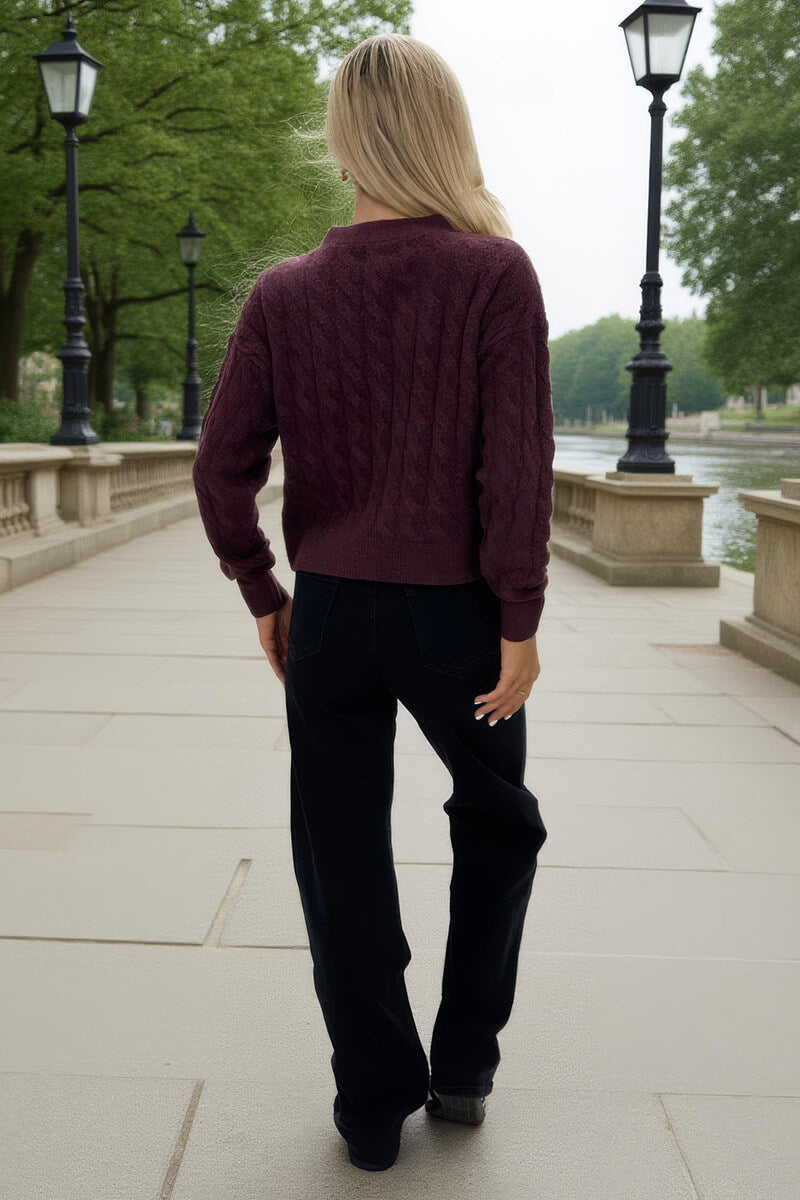 Burgundy Cable Knit Gold Button Cardigan