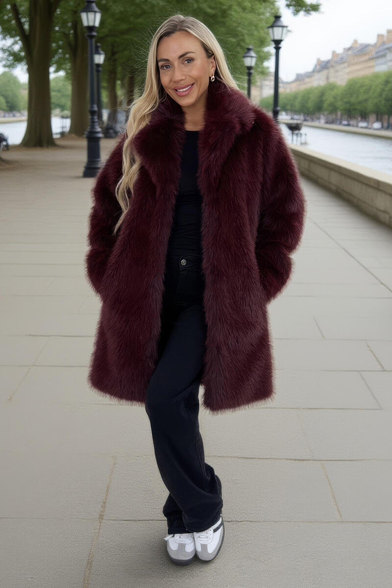 Burgundy Faux Fur Longline Jacket