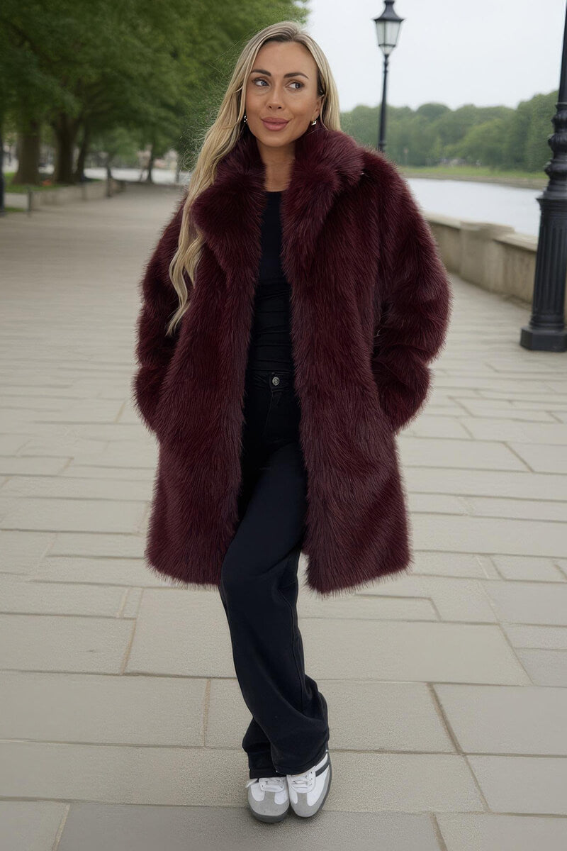 Burgundy Faux Fur Longline Jacket