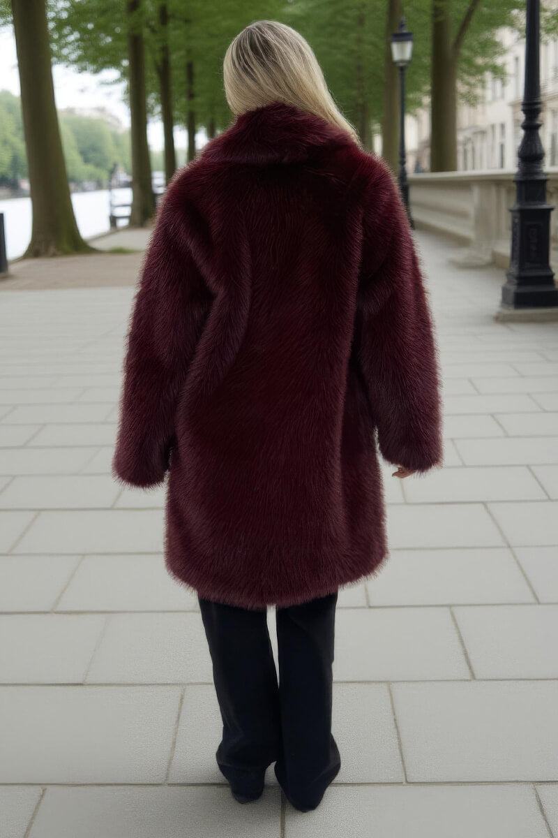 Burgundy Faux Fur Longline Jacket