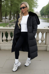 Black Split Hood Longline Puffer Coat