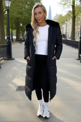 Black Split Hood Longline Puffer Coat