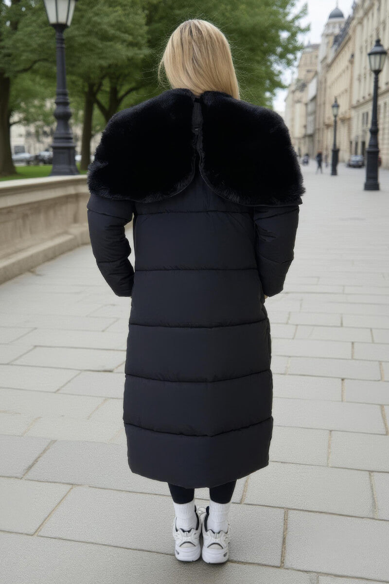 Black Split Hood Longline Puffer Coat
