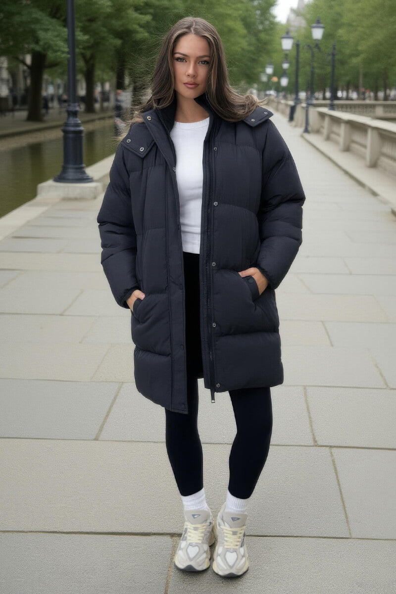 Black Hooded Longline Puffer Coat
