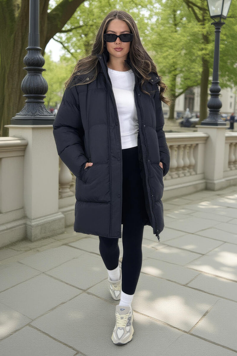 Black Hooded Longline Puffer Coat