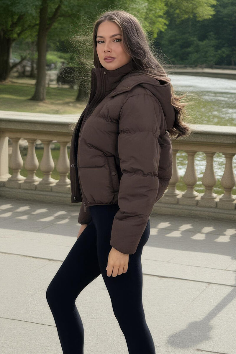 Chocolate Hooded Short Puffer Coat