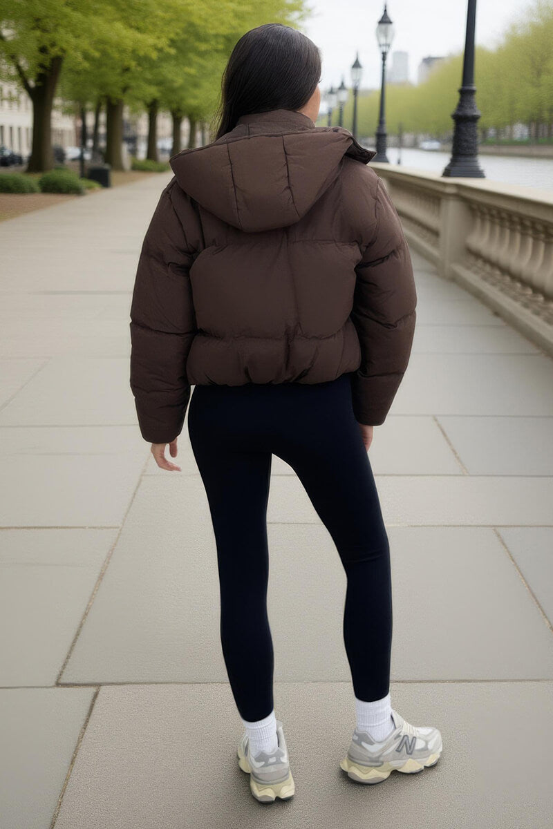 Chocolate Hooded Short Puffer Coat