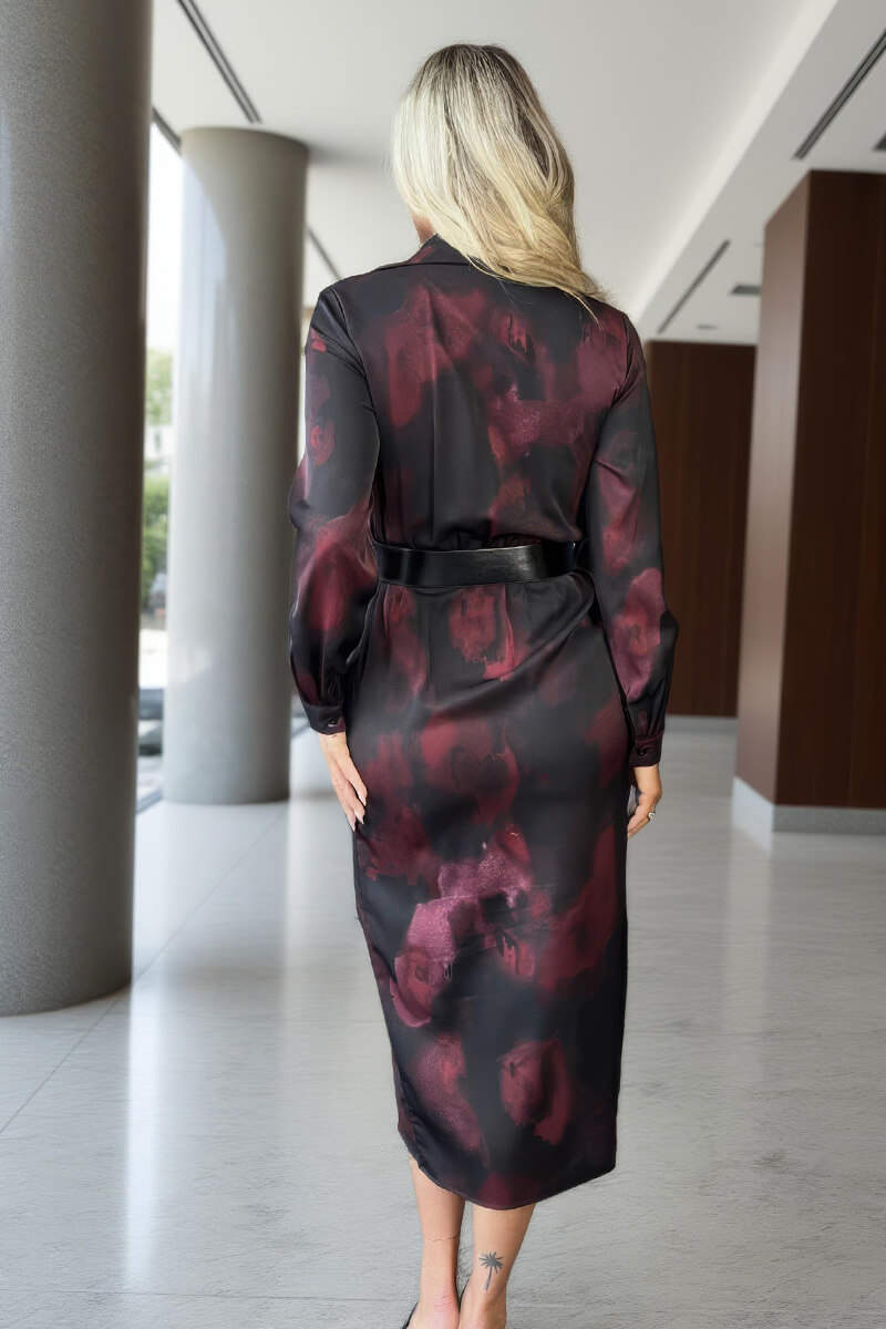 Plum And Black Smudge Print Belted Wrap Midi Shirt Dress