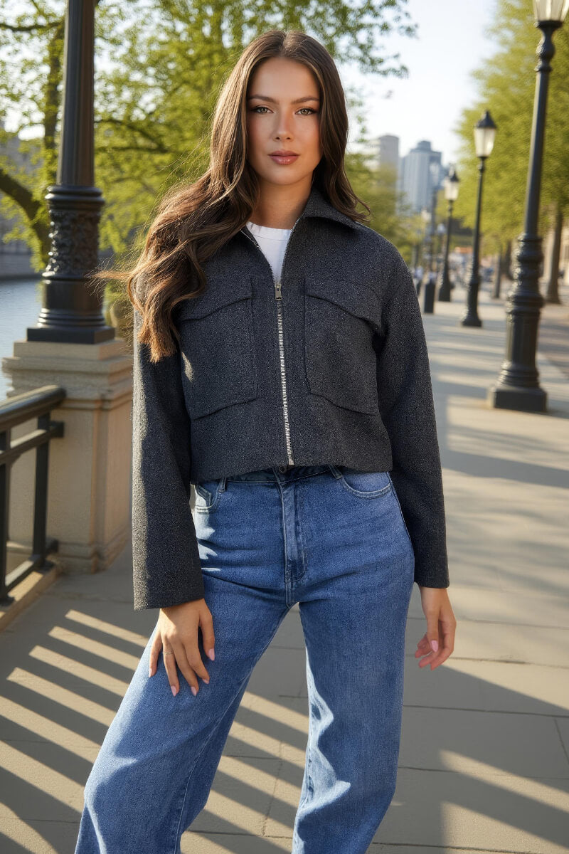 Dark Grey Marl Zip Up Pocket Detail Boxy Jacket