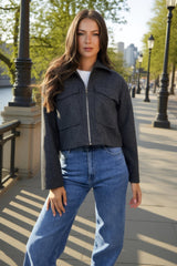 Dark Grey Marl Zip Up Pocket Detail Boxy Jacket