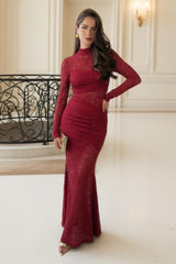 Wine Lace Overlay Long Sleeve Fishtail Midi Dress