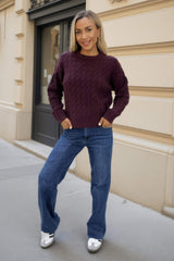 Burgundy Round Neck Cable Knit Jumper