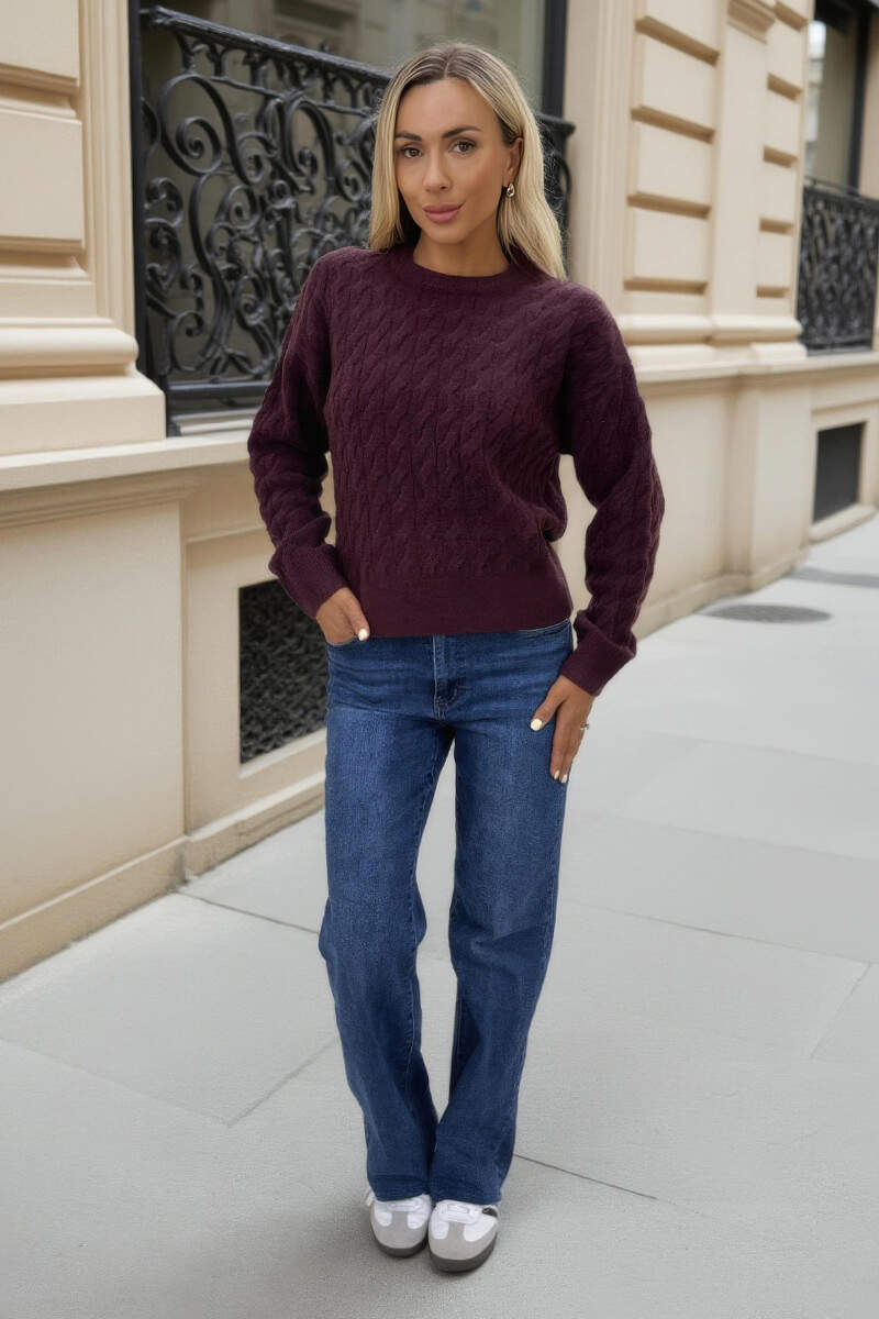 Burgundy Round Neck Cable Knit Jumper