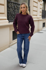 Burgundy Round Neck Cable Knit Jumper