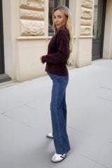 Burgundy Round Neck Cable Knit Jumper