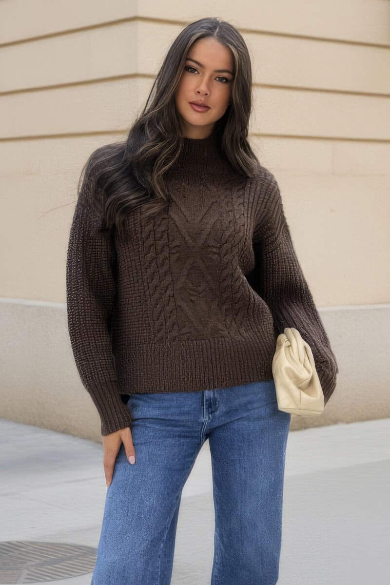 Chocolate Mock Neck Cable Knit Jumper