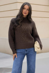 Chocolate Mock Neck Cable Knit Jumper