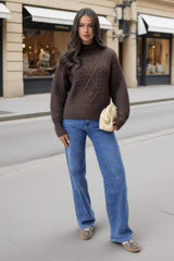 Chocolate Mock Neck Cable Knit Jumper