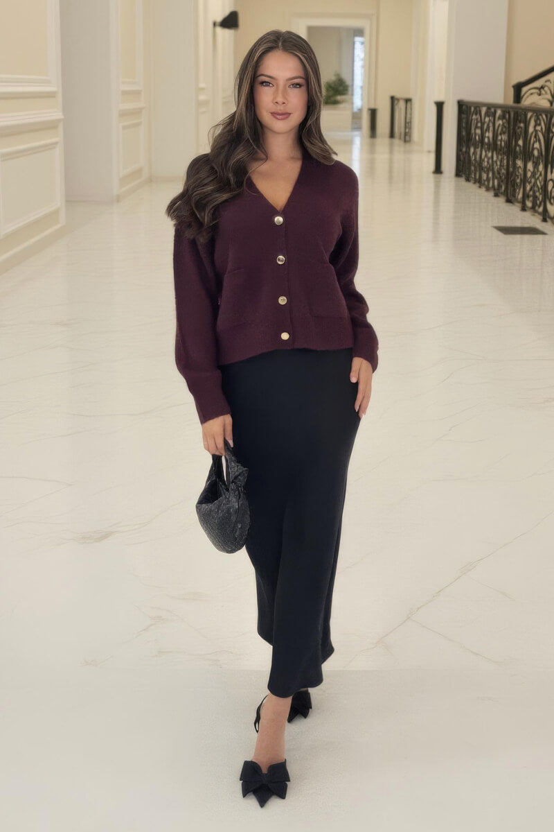 Burgundy Pocket Detail Knitted Cardigan