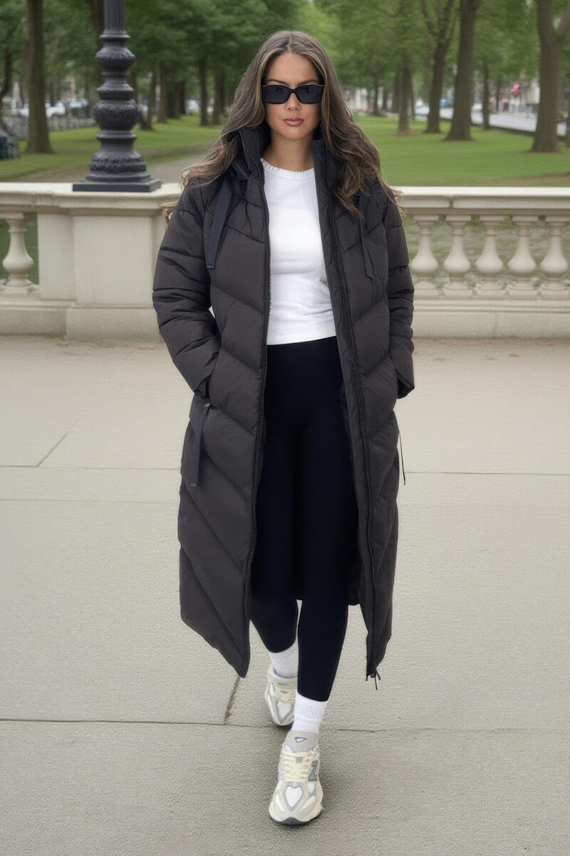 Chocolate Hooded Puffer Coat with Zip Front Pockets