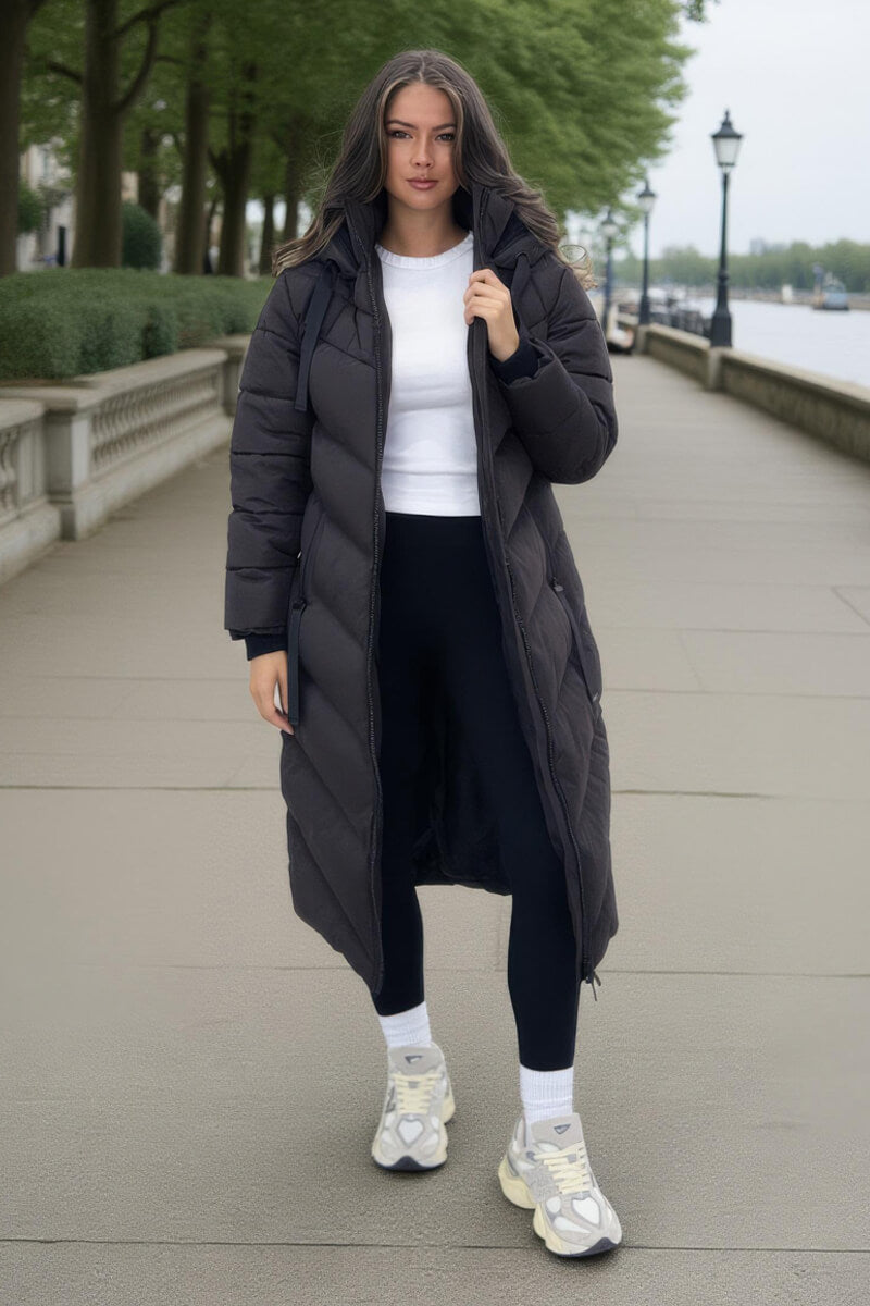 Chocolate Hooded Puffer Coat with Zip Front Pockets