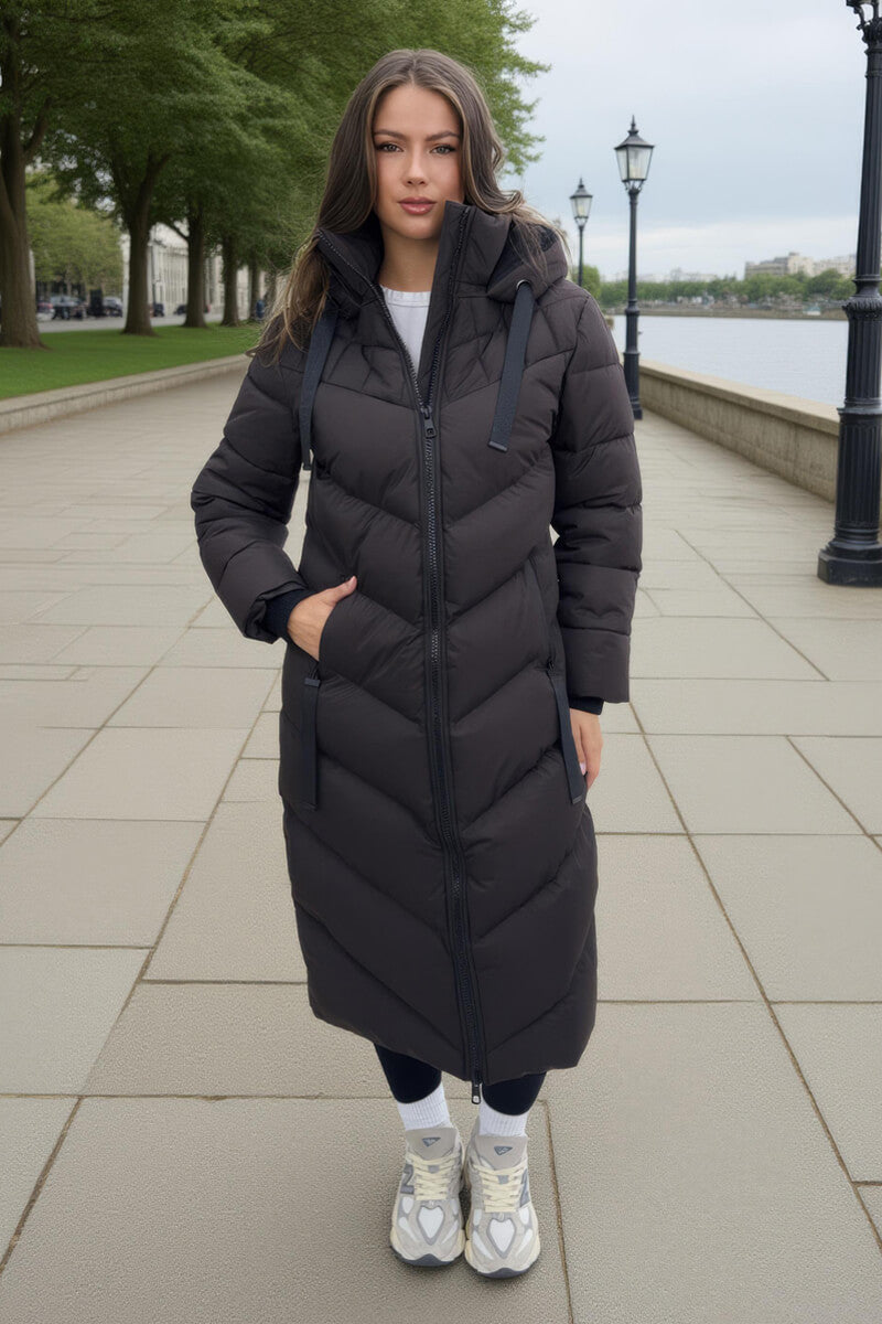 Chocolate Hooded Puffer Coat with Zip Front Pockets