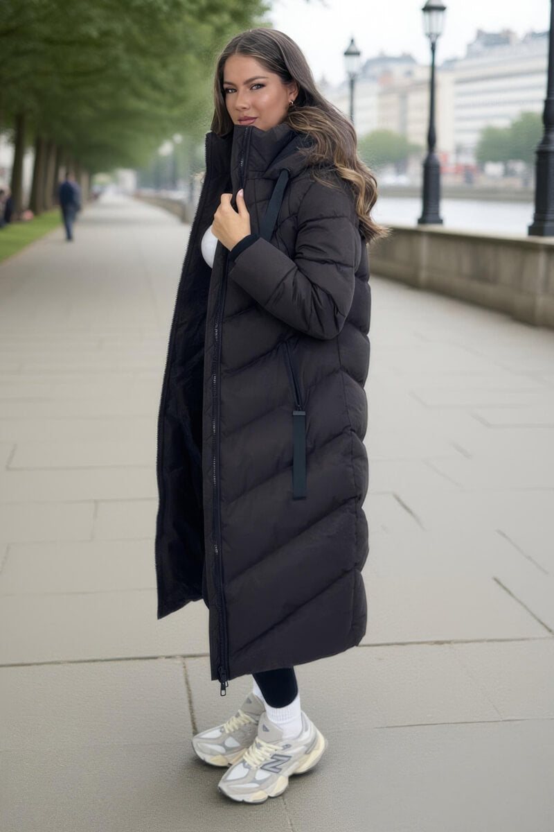 Chocolate Hooded Puffer Coat with Zip Front Pockets