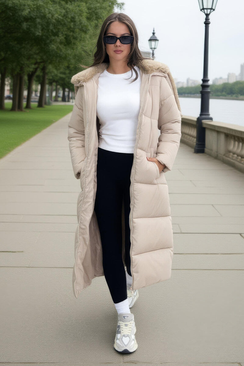 Cream Split Hood Longline Puffer Coat